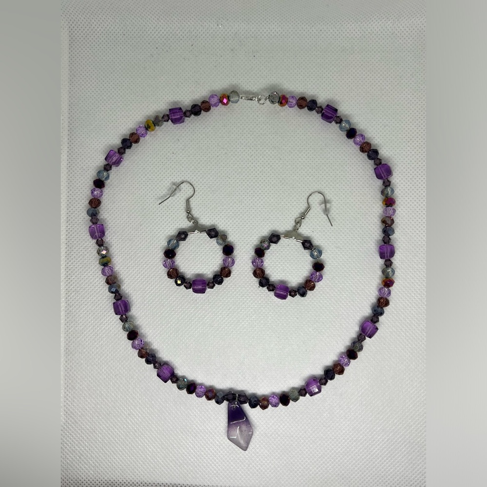 Purple Bead Necklace and Earrings Set